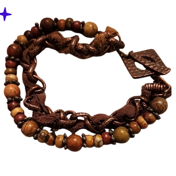 Boho fabric twisted chain and beaded bronze bracelet toggle hook - Picture 1 of 3